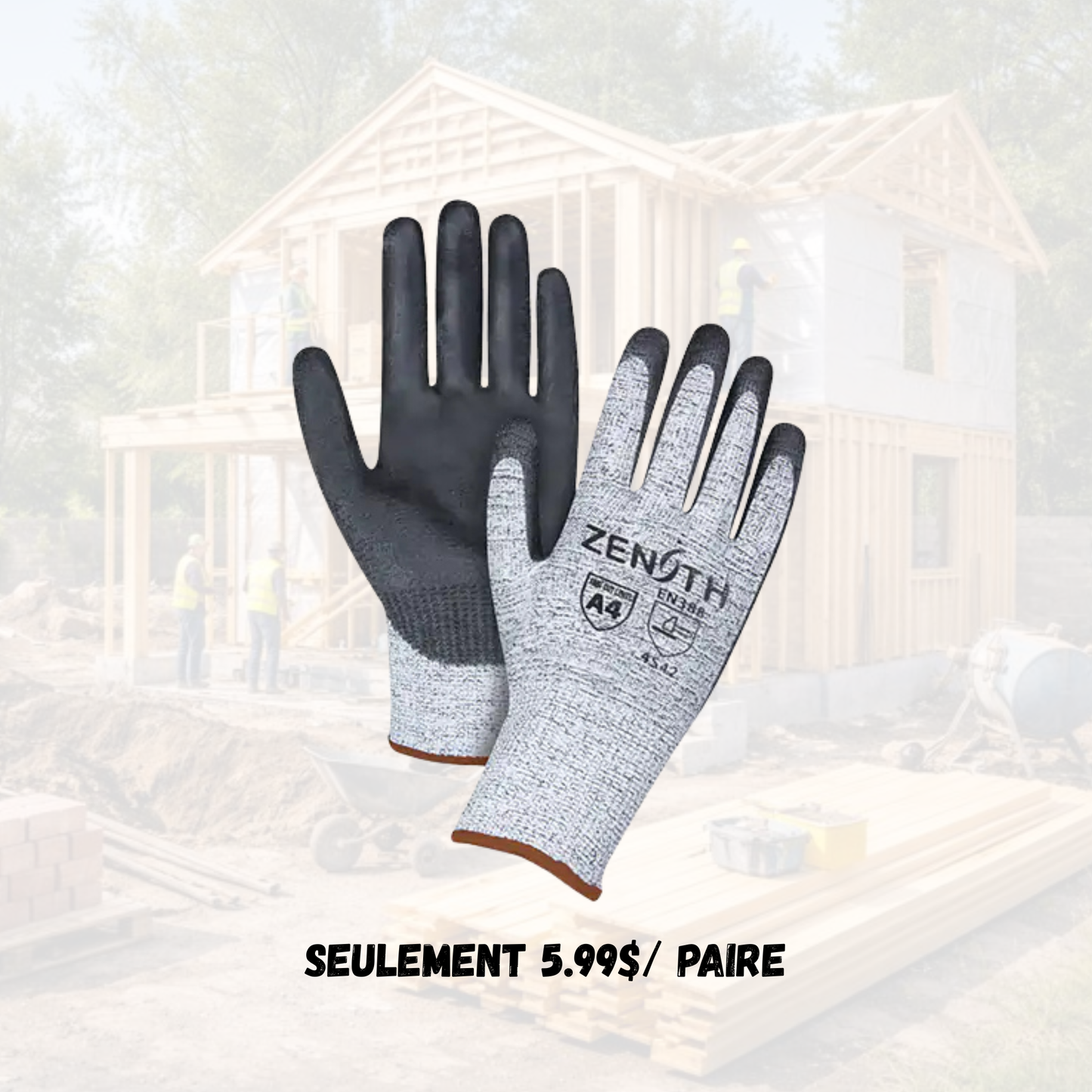 Gants de travail résistants aux coupures, ANSI A4, paquet de 12 (5.99$/paire)